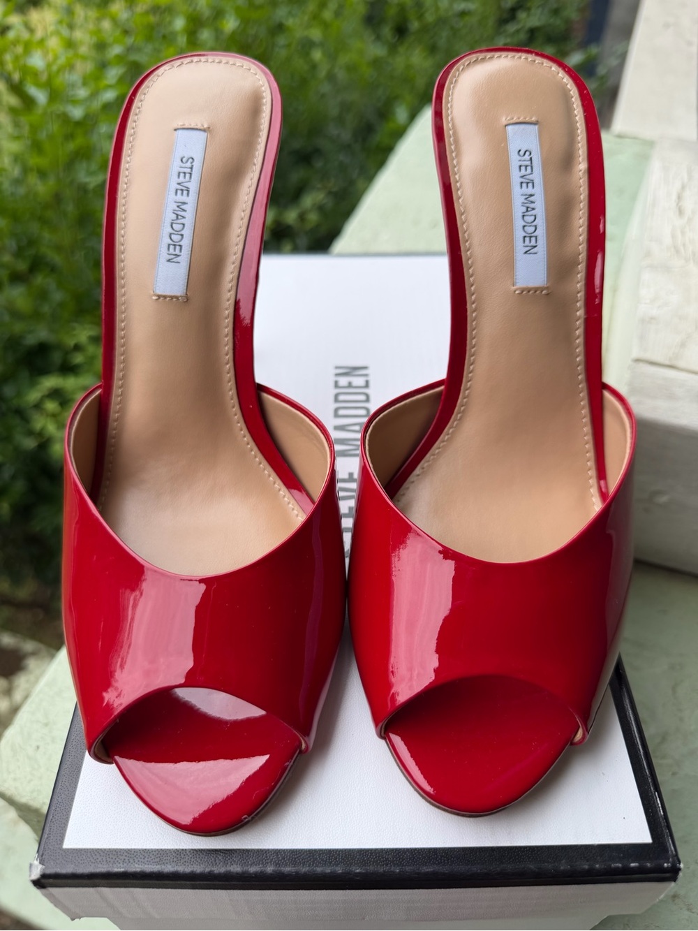 Steve Madden Red Patent Peep-Toe Slip-On Mules